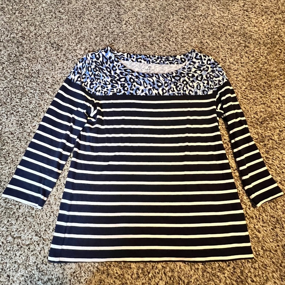 Talbots‎ Womens Small Navy Blue White Striped Leopard Print 3/4 Sleeve Top